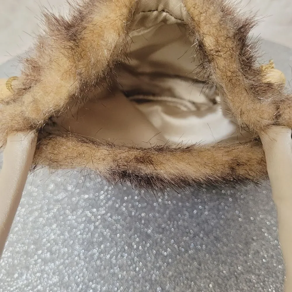 Brown Faux Fur Purse Drawstring Top Small Bag Satin Lined Rigid Handle Holiday